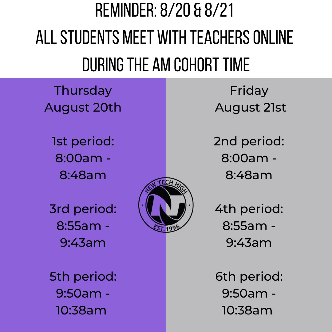 First day of school is tomorrow! Don't forget that all students meet online with teachers during the AM cohort time.