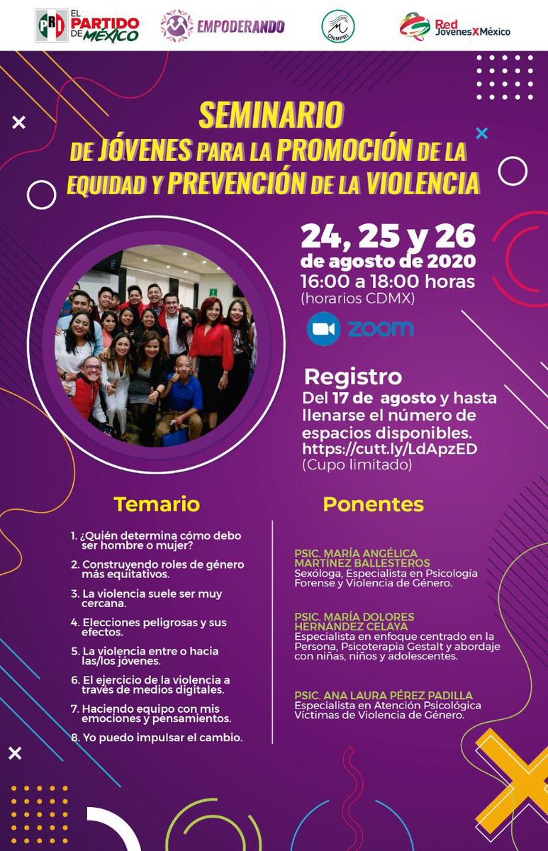 OnmpriNacional's tweet photo. Te invitamos al Seminario de Jóvenes para la promoción de la equidad y prevención de la violencia.
🗓 24,25 y 26 de agosto de 16:00 a 18:00 horas.
📲 Regístrate en: https://t.co/fqTjD9vOxT
#EmpoderANDO #JuntasPorMéxico https://t.co/XNYovXHftg