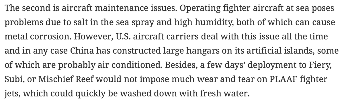 The article (correctly IMO) essentially dismisses the 2nd argument. China seems quite willing to operate Flankers on their own aircraft carriers, and I can tell you that I've seen with my own eyeballs F-22s parked <100 yds from the beach in Hawaii, in open shelters with no A/C.