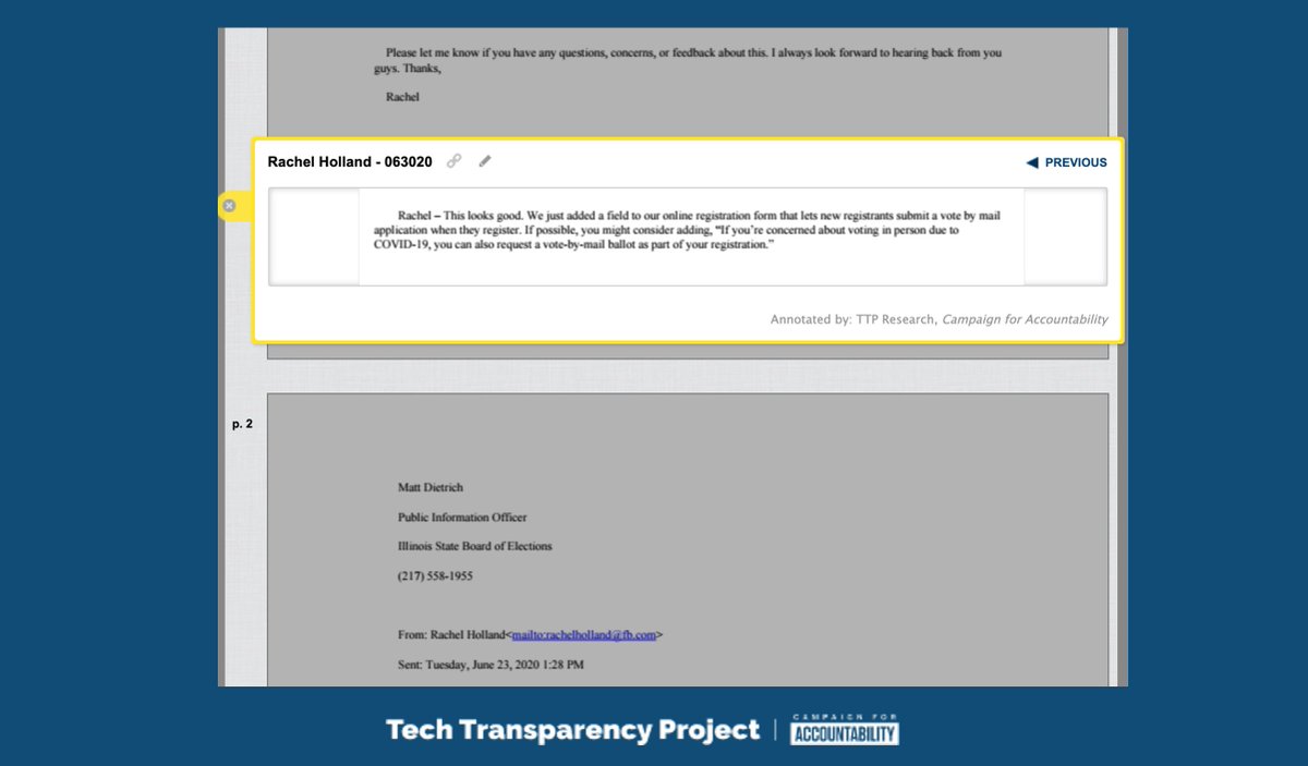 On June 23, an Illinois State Board of Elections public information officer asked Facebook govt outreach managerRachel Holland, if Facebook could add a line to the July register-to-vote reminder telling Illinois residents they can request a mail-in ballot  https://www.documentcloud.org/documents/7032684-ILLINOIS-SOS-VOTE-by-MAIL-FB-VR-POST.html#document/p1/a576663