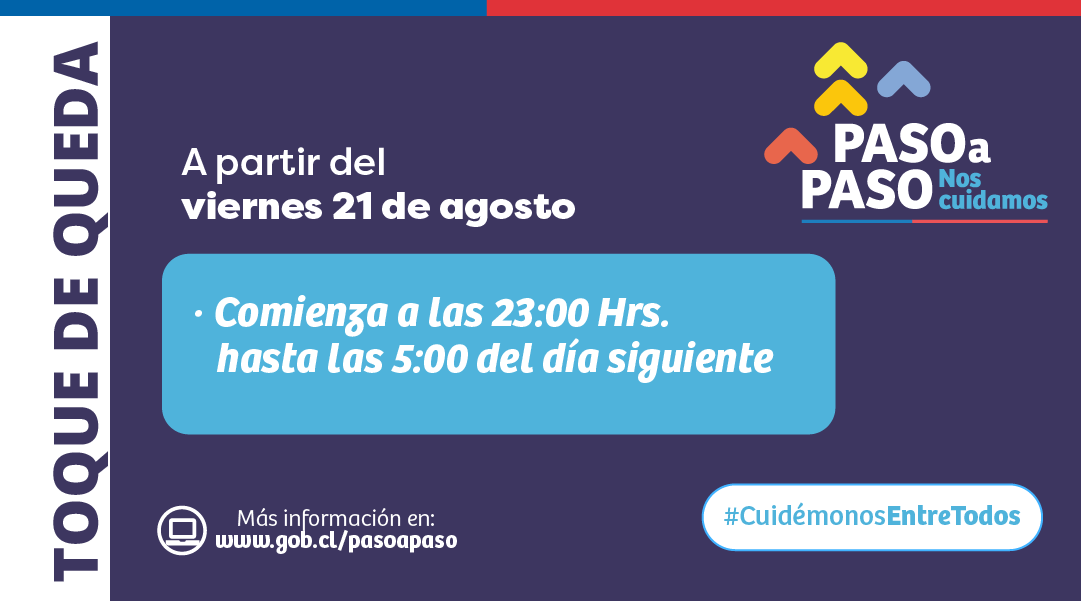 ⚠️ATENCIÓN⚠️

A partir del viernes 21 de agosto, el inicio del Toque de Queda se retrasa en una hora y comenzará a las 23:00 horas hasta las 5:00 horas del día siguiente. 

Entérate más en gob.cl/pasoapaso #CuidémonosEntreTodos