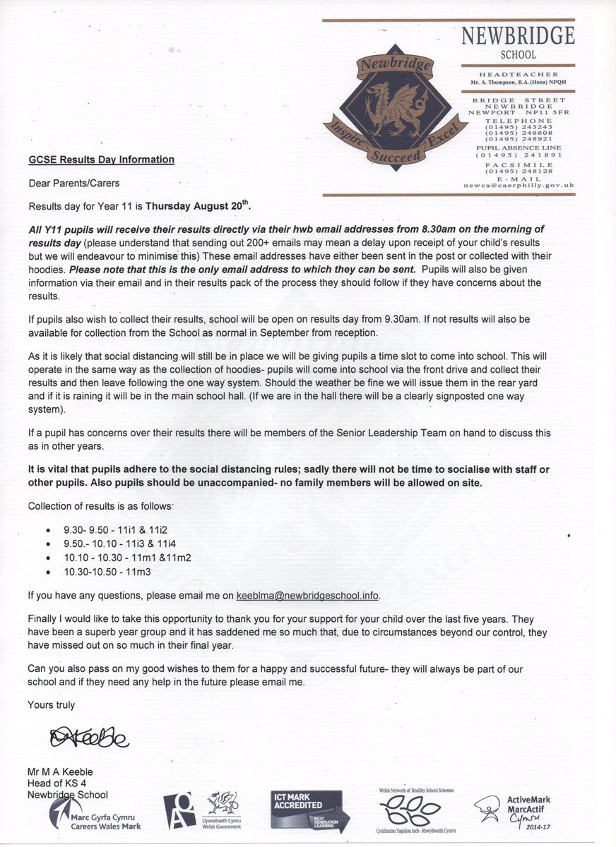 Year 11 results day tomorrow. Reminder that results will be posted to all pupils’ email addresses from 8.00. If coming to school, pupils need to check time slot and follow social distancing. No family members on site, we are afraid, for Covid-19 reasons. All Y10 results emailed.