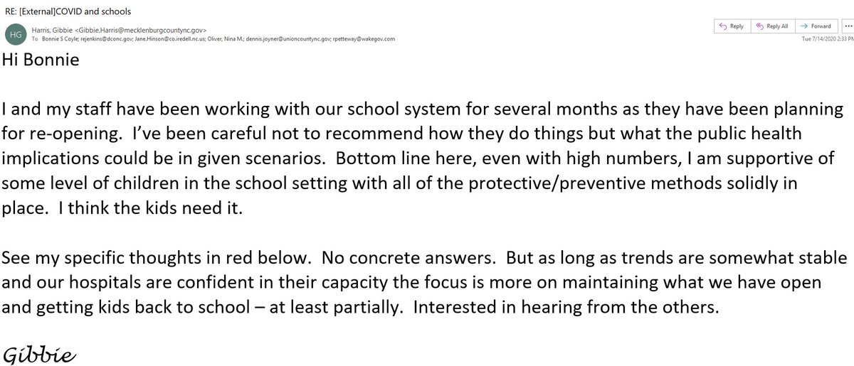 Turns out Gibbie Harris did share her opinion on re-opening schools. She emailed fellow health directors on July 14, the day before she spoke at the  @CMSboard meeting and said "even with high numbers" she supported "some level of children in the school setting"  #Defenders  #CMS