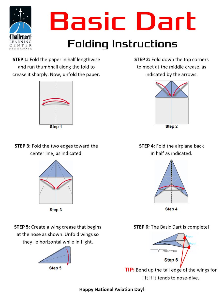 challenger_mn's tweet photo. To celebrate #NationalAviationDay we have attached instructions for 2 paper airplanes to make at home - fold, color and launch! We would also like to congratulate @challenger_mn board member, Duane Edelman, for his induction into the MN Aviation Hall of Fame, Class of 2022! https://t.co/KAmr9M70y8