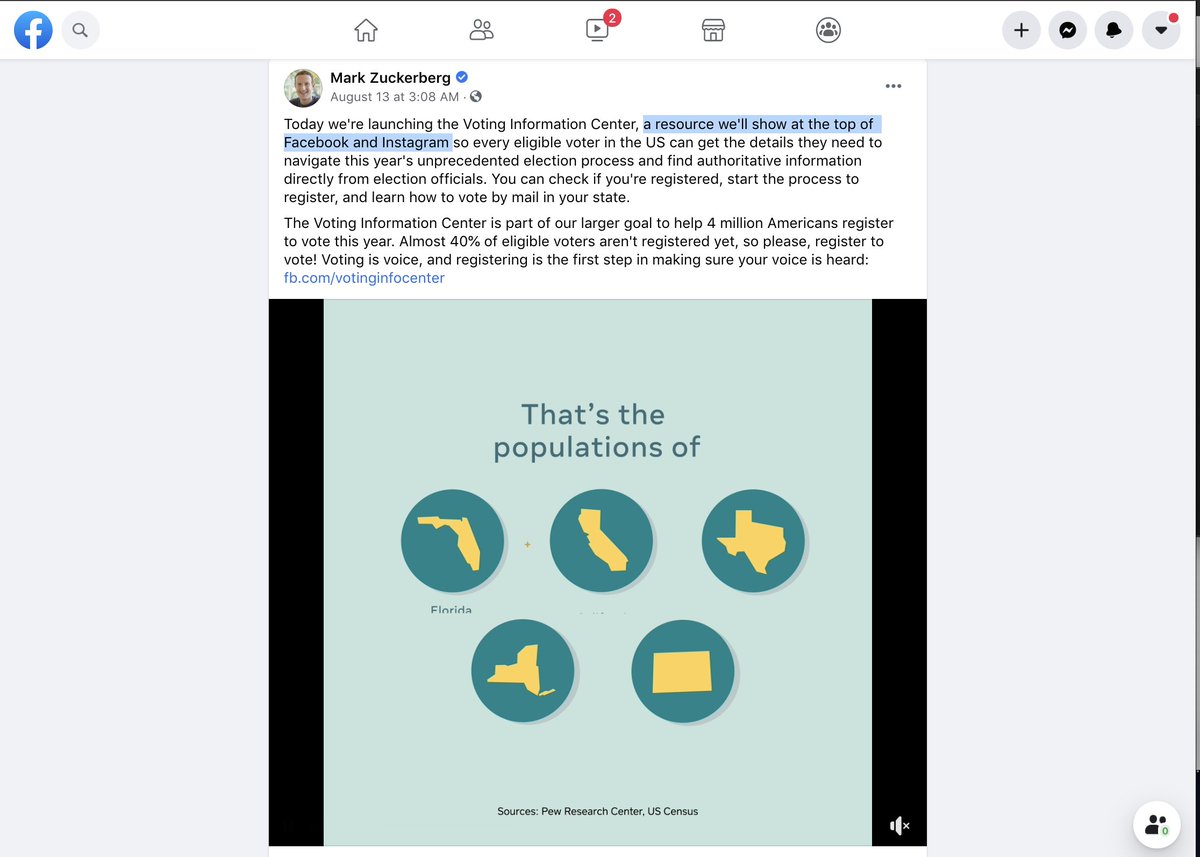 TTP has also not seen the center running at the top of Facebook or Instagram feeds—something Zuckerberg promised. Facebook also hasn’t specified its voter registration plans for Facebook Messenger, which the company has said will be part of the effort https://www.facebook.com/zuck/posts/10112184244817511