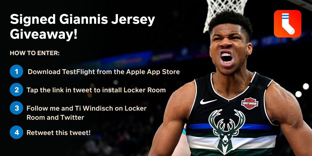 BucksBreakdown's tweet photo. Want a signed Giannis jersey? @lockerroomapp are giving one away for free! If you want to be entered to win:

1) Download Testflight from the app store 
2. Tap the link to install Locker Room (https://t.co/TjzQYL2Z50)
3. Follow me + @TiWindisch (on the app)
4. Retweet! Good Luck! https://t.co/hLOlcWC2RW