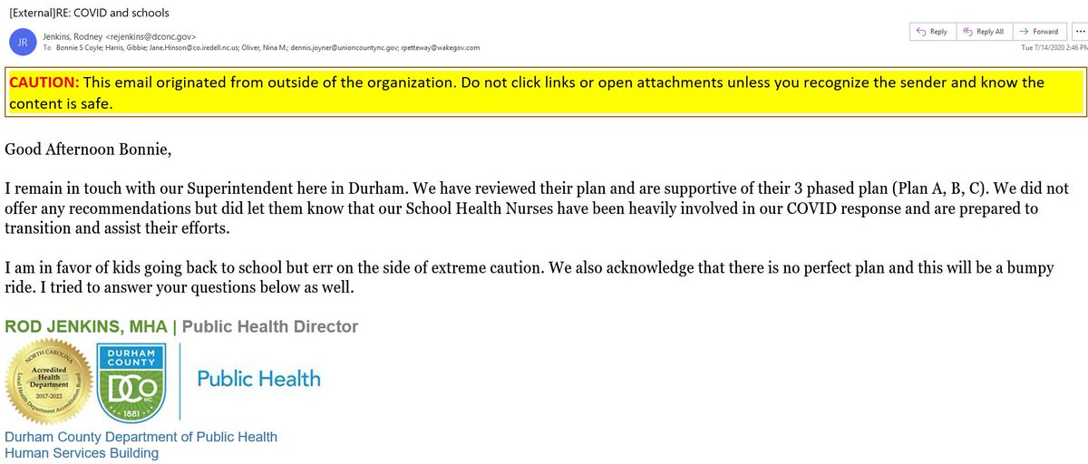 Emails show Durham County's public health director also did not share a recommendation, but behind the scenes supported a return to school, with an emphasis on erring on the side of "extreme caution."  #Defenders