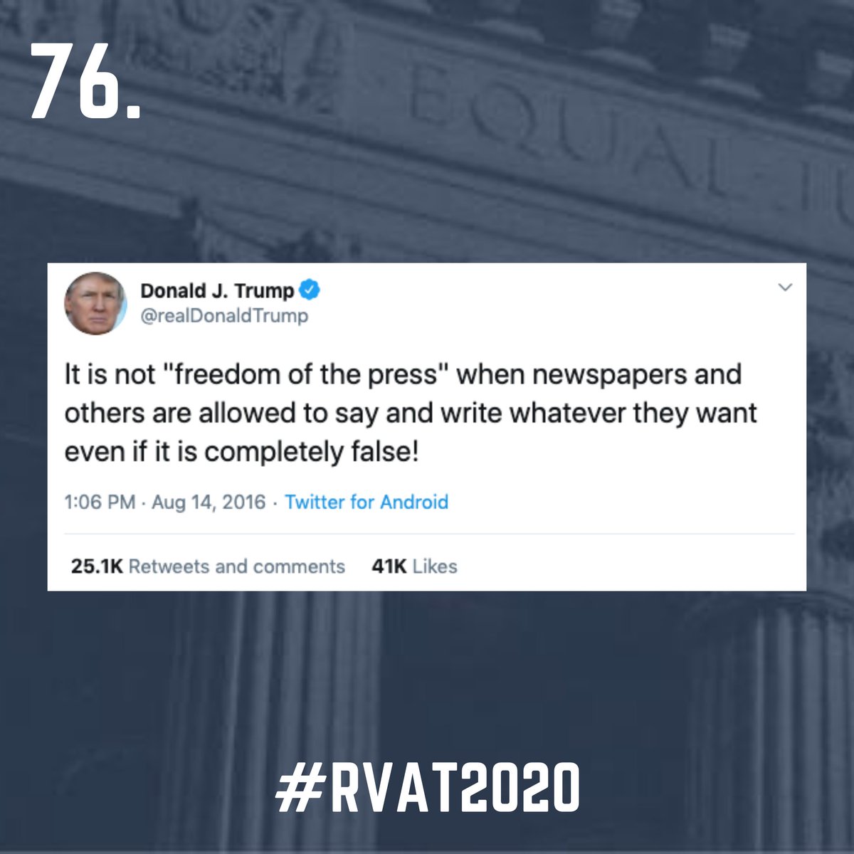 76. "Congress shall make no law respecting an establishment of religion, or prohibiting the free exercise thereof; or abridging the freedom of speech, or of the press; or the right of the people peaceably to assemble, and to petition the Government for a redress of grievances."