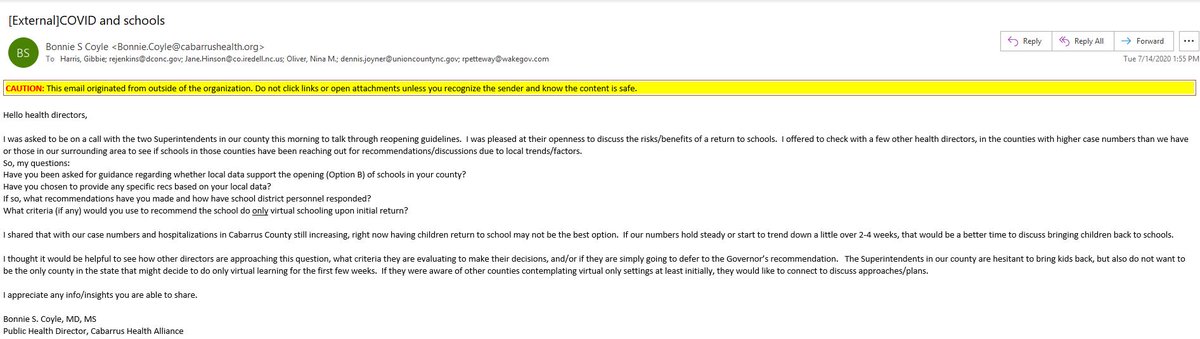 Interestingly enough, Cabarrus Health Alliance's health director had a different stance on re-opening schools for in-person learning. She requested input from other health directors about how they were handling school reopening questions. Here's what she wrote.  #Defenders