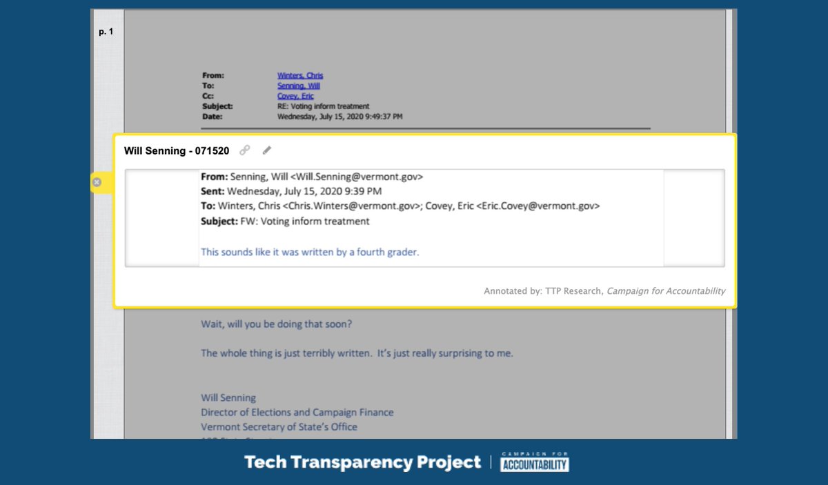 As Facebook emailed state officials with a variety of election updates this summer, officials in Vermont reacted disdainfully. Senning, the state elections director, commented that one Facebook message sounded “like it was written by a fourth grader"  https://www.documentcloud.org/documents/7032678-VERMONT-FOURTH-GRADER-and-RESPONSE.html#document/p1/a576665