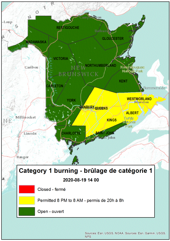 NBForestFires's tweet photo. Burning conditions are valid from 2 PM August 19th to 2 PM August 20th.

Between 8 PM and 8 AM burning is permitted in the following counties:  Albert, Kings, Queens, Sunbury and Westmorland

All other counties are open for burning. https://t.co/Qv8wDtaKDr
