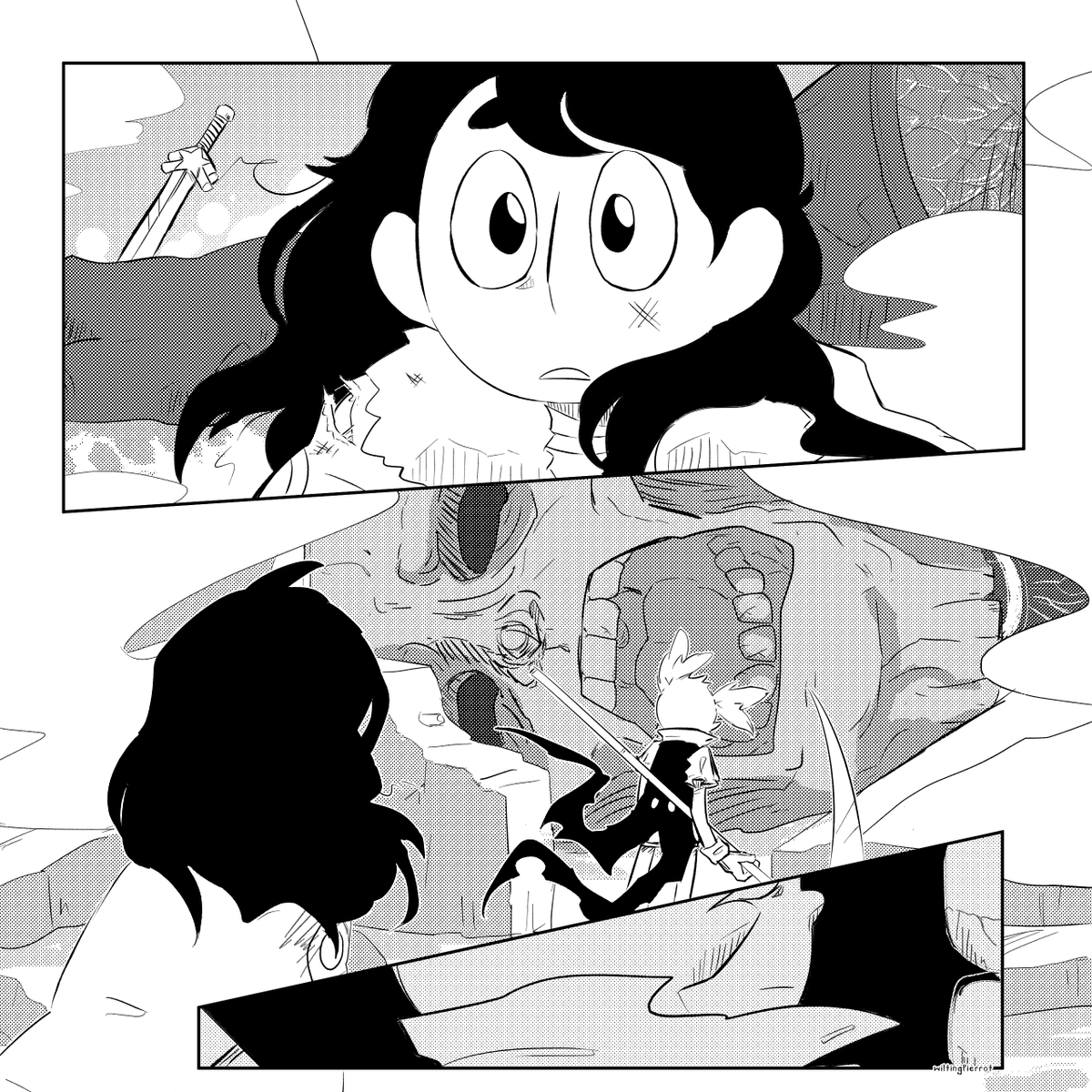 WiltingP's tweet photo. #InkSpillAU Some comic practice.

“By the way, who taught you how to sword-fight like that?” https://t.co/M2dLIpuotu