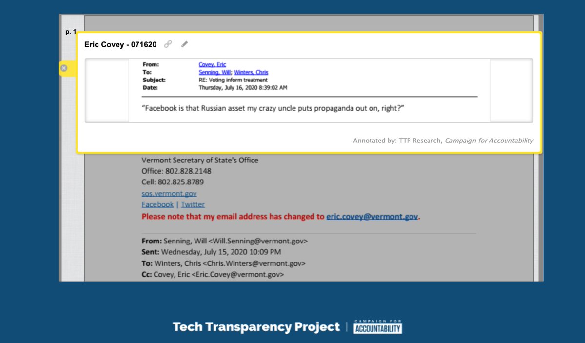 Another official, Eric Covey, the chief of staff for Vermont’s secretary of state, suggested a mock response to Facebook: “Facebook is that Russian asset my crazy uncle puts propaganda out on, right?” https://www.documentcloud.org/documents/7032685-FACEBOOK-IS-a-RUSSIAN-ASSET-EMAIL.html#document/p1/a576666