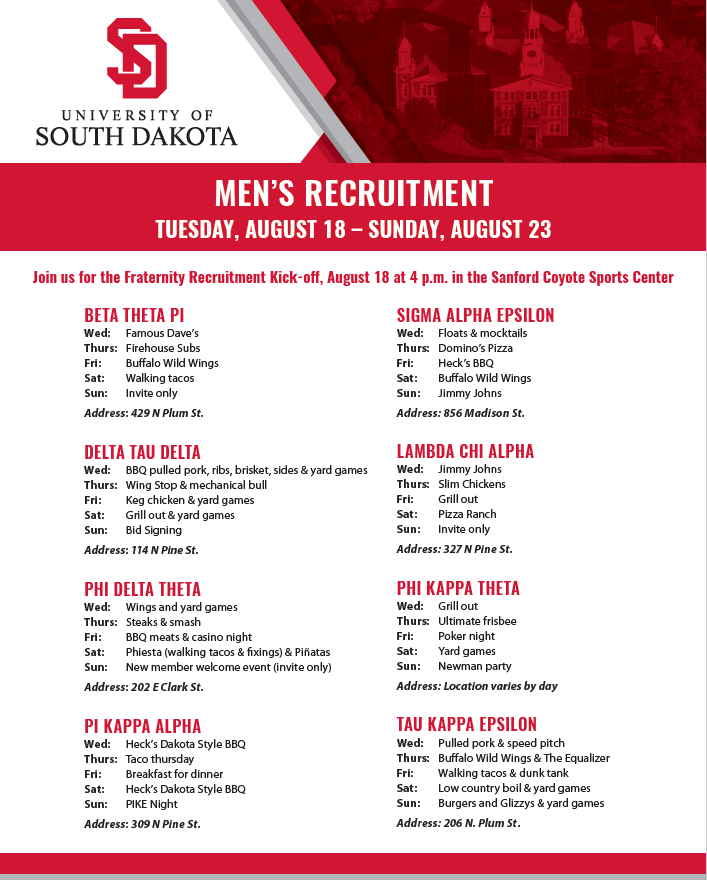 Join us for Fraternity Recruitment at the chapters tonight starting at 5pm; see a full list of activities below. 🐺🤘

Don't forget to register for recruitment at usdifc.mycampusdirector2.com!