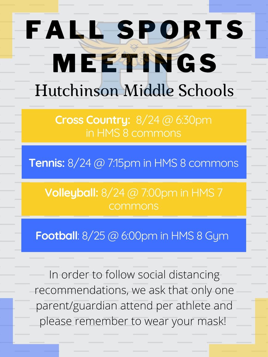 Fall sports parent meetings are scheduled for next week!  Take a look to find your time and location.