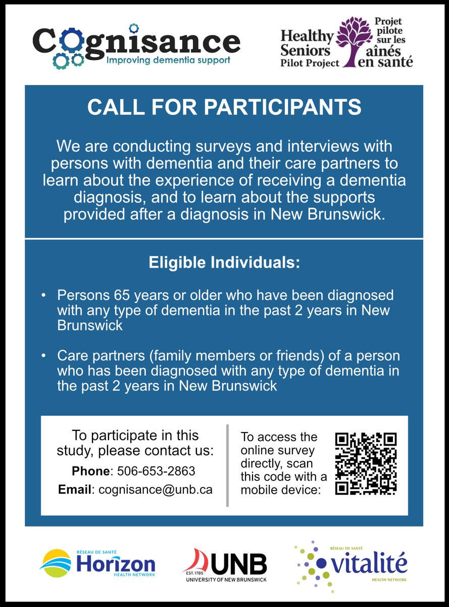 reid_about_1t's tweet photo. Have you or a loved one (family member/friend) recently been diagnosed with dementia? Consider sharing your experiences with #dementia care in New Brunswick! Contact cognisance@unb.ca or 506-653-2863 to learn more, or click here to complete the survey: https://t.co/YMe0Vonh57 https://t.co/tat7prtjoE