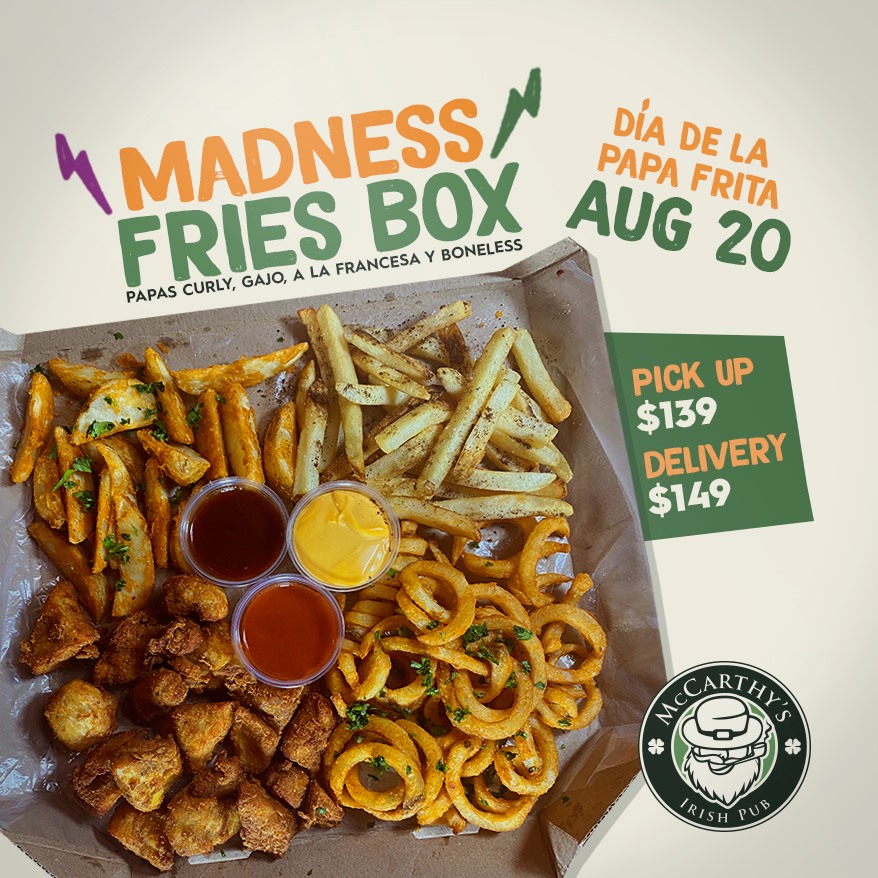 ¡Banda este jueves 20 de Agosto celebramos el Día Mundial de la papa frita con un Box especial que te encantará!

Yeah no te pierdas el #MadnessFriesBox con una combinación de nuestras mejores papas y complementadas con boneless.