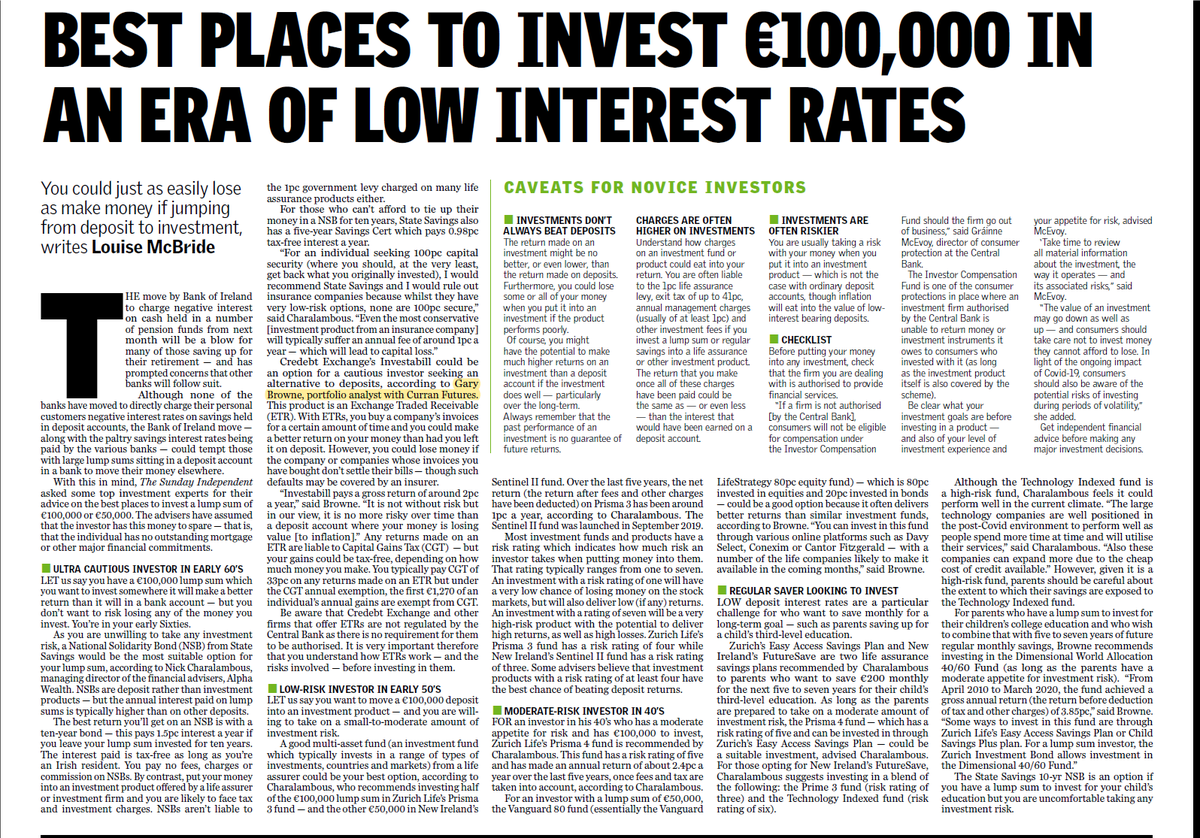 CurranFutures's tweet photo. We’re delighted that our Portfolio Analyst Gary Browne was able to offer his expertise last weekend in the @SundayIndependent, advising on suitable investment portfolios for different levels of risk and requirement people may have. Well done Gary 👏 https://t.co/yEZIIVuWW0