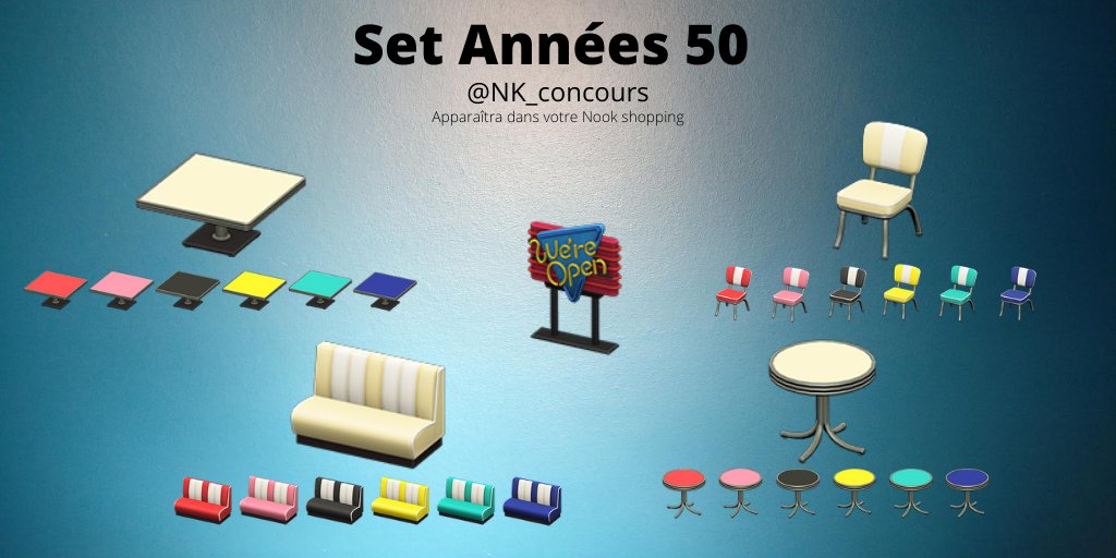 NK_concours's tweet photo. [#Concours Années 50] 

63 items des années 50 A GAGNER ! 

Ils seront tous disponible dans votre Nook Shopping après les avoir gagnés ! 

Pour participer : 

1⃣ RT 
2⃣ Follow @NK_concours 
3⃣ Commente ta couleur préférée 🎨

T.A.S. le 23/08

Bonne chance 🍀 https://t.co/TRITbQt097