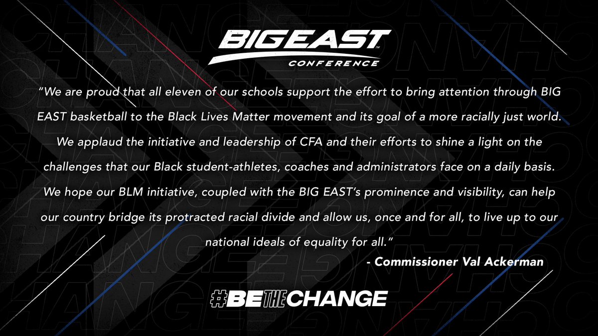 The #BIGEAST continues our Anti-Racism efforts with a series of actions to #BETheChange. In the 2020-21 season, men's and women's 🏀 teams will wear a Black Lives Matter patch on uniforms. We also officially support the efforts of @coaches4action. 📝: bigeast.com/news/2020/8/19…