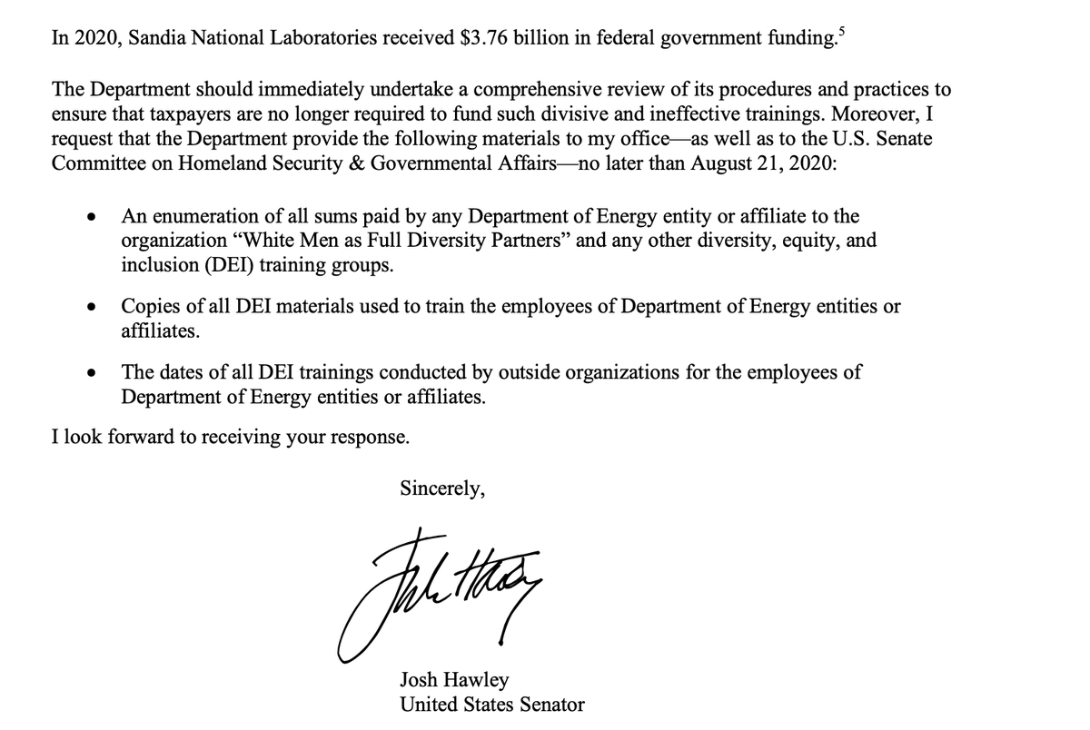 Luckily, following my investigation, Senator  @HawleyMO has launched a probe into the disturbing practices at Sandia. He notes that the lab receives $3.76 billion in annual taxpayer funding—and demands that executives provide answers.