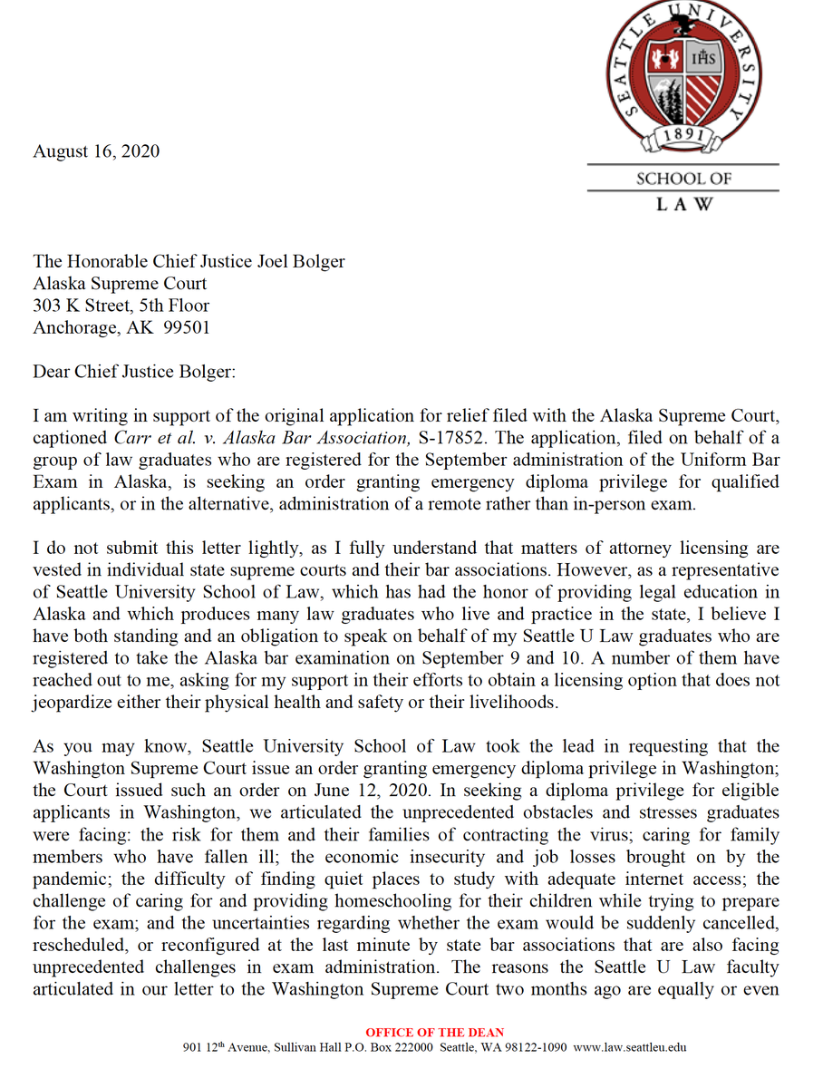 KorematsuCtr's tweet photo. Dean Annette Clark @seattleulaw submitted this letter a few days ago in support of petition to AK Supreme Court, urging diploma privilege as best licensure option and discussing positive WA experience with diploma privilege.  1/2 https://t.co/xqnrVWuLPZ