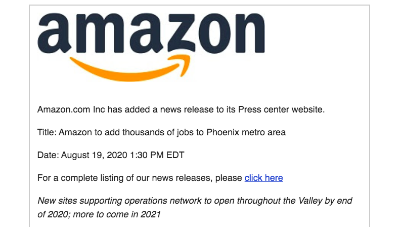 AZBrianAnderson's tweet image. NEW:

@Amazon&apos;s &quot;11 new sites across the Phoenix metro area&quot; are &quot;expected to create more than 3,000 new full- and part-time jobs with a minimum $15 per hour wage and comprehensive benefits starting on day one.&quot;

bit.ly/34fOpWg via @amazonnews #AZMeansBiz