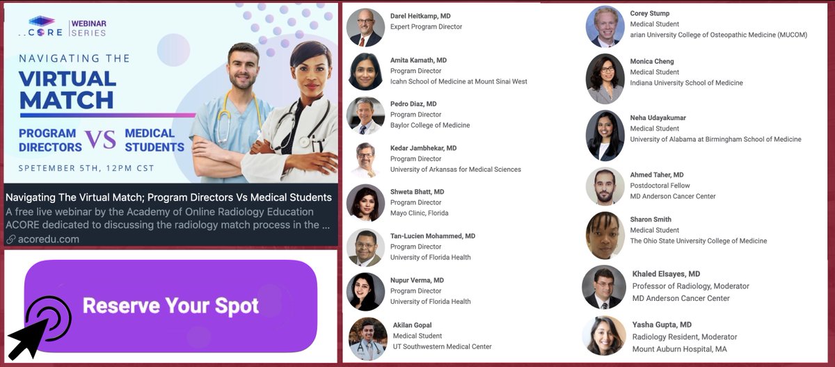 UAMSRadiology's tweet image. Attention #FutureRadRes! 

Register for the @ACOREdu webinar: "Navigating The Virtual Match; Program Directors Vs Medical Students"; and discuss your questions with expert PDs and medical student representatives on Sep 5, 2020, 12 CST!

Link➡️acoredu.com/webinar/naviga…
#RadRes