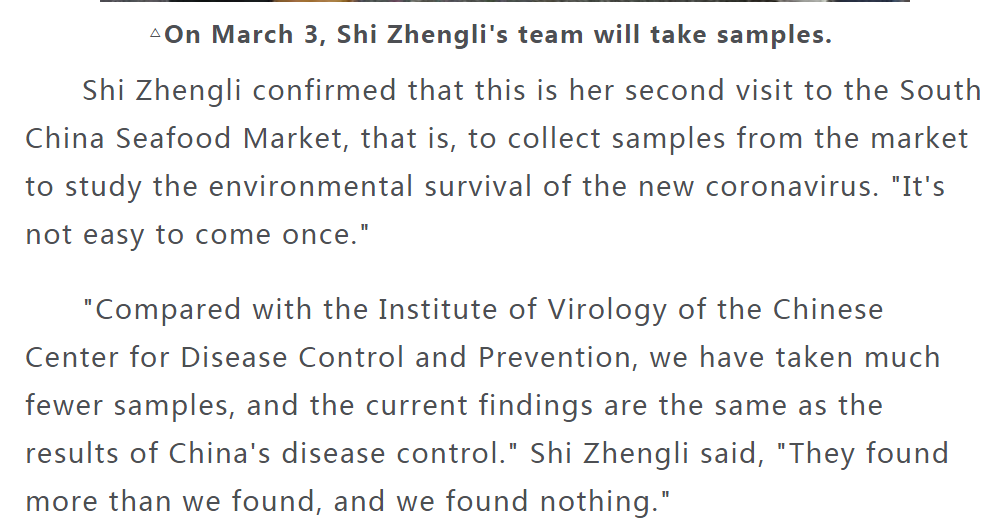 3. Shi Zhengli collects samples from the market to study environmental survival of the coronavirus"It's not easy to come once" ;) "Compared with CCDC we have taken much fewer samples, & findings are the same as their results "They found more than we found, & we found nothing"