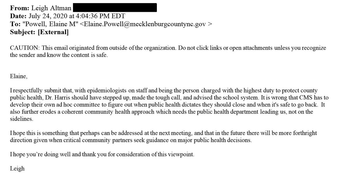 I mentioned I wasn't the only one wondering, for better or worse, why Health Director Gibbie Harris didn't share a recommendation with  @CMSboard about re-opening schools.  @leighaltman shared her frustration with  @OnTheFrogSide that Harris didn't make the "tough call."  #Defenders