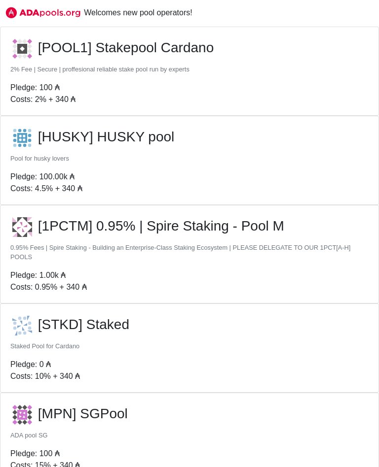 adapools_org's tweet image. ADApools.org welcomes new pools!

 #POOL1 #Stakepool Cardano #HUSKY #HUSKY pool #1PCTM #0.95% | Spire Staking - Pool M #STKD #Staked #MPN #SGPool #ARG #Stake Pool Argentina #RANA #Tanzeel Pool #cardano $ADA 
 👉 adapools.org 👈
