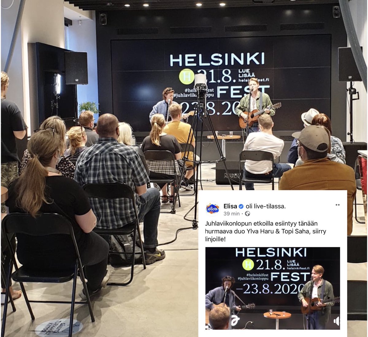 Oih kaunista, kaunista! Helsingin #Juhlaviikonloppu etkoilla #ElisaKulma’ssa, kuultiin minikeikka by Ylva Haru &amp; Topi Saha. Sisälle voitiin ottaa pieni yleisö, mutta live stream ja tallenne löytyy @elisaoyj facebook⁩ #helsinkifest ⁦<a href="/helsinkifest/">Helsingin juhlaviikot | Helsinki Festival</a>⁩