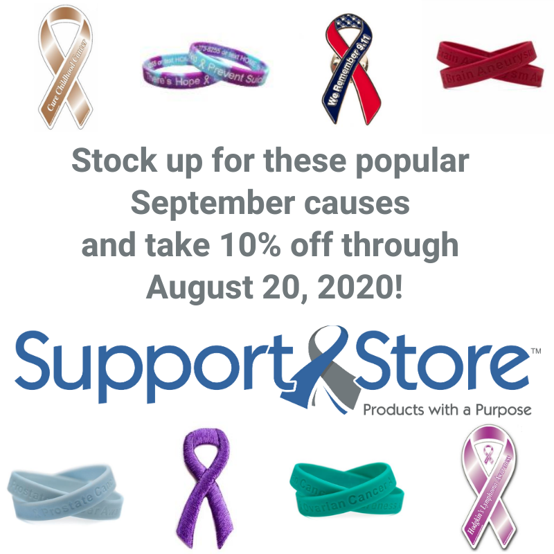 SupportStorePwP's tweet photo. 10% off all September Cause Awareness Products at https://t.co/uSSf1aNs8i #childhoodcancer #aneurysm #hodgkinslymphoma #leukemia #ovariancancer #naturalpreparedness #prostatecancer #suicideprevention #alcoholanddrugrecovery #histiocytosis #safekids #september11 #neverforget https://t.co/ND5xGBKqw3