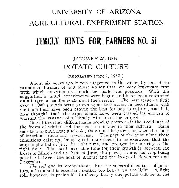 StateLibAZ's tweet photo. It is National Potato Day!π₯ Normally we think of Idaho as a place to grow potatoes, but we can grow them here in Arizona!
The @UAZCoopExt has been publishing information on growing potatoes in Arizona since 1904: https://t.co/nZKtCnVvWB
#ArizonaStatePublications https://t.co/mHOxo0O1pD