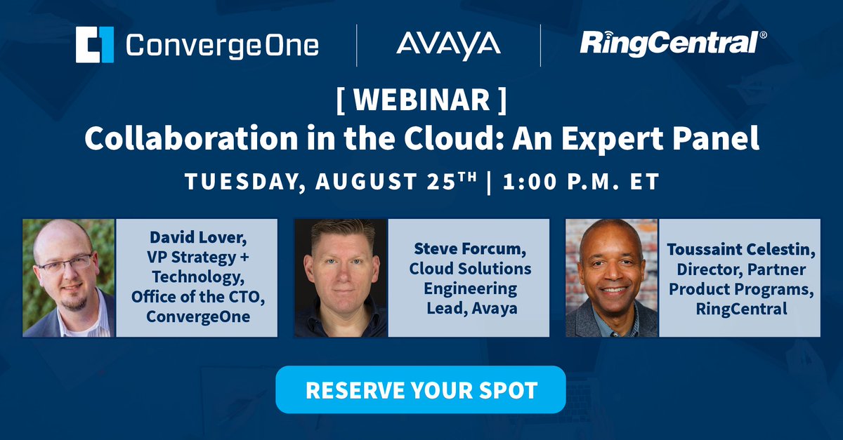 OneC1Company's tweet image. Attend our webinar on 8/25 to discover how ConvergeOne, @Avaya, and @RingCentral provide an open, secure, and comprehensive #cloud offering that meets your business needs, now and into the future: hubs.ly/H0tCvPk0