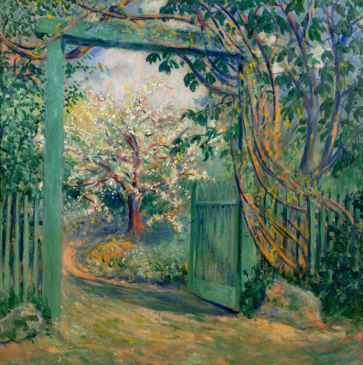 MuseeGiverny's tweet photo. #ZoomSurUneOeuvre "Portail au cerisier en fleurs"
En 1888, #TheodoreButler découvre #Giverny. Son oeuvre évolue au contact de #ClaudeMonet : il peint des scènes en #pleinair et des portraits exécutés en extérieur, au moyen de larges touches de couleur.
#RefletsDUneCollection https://t.co/ZjN9FrPOpv