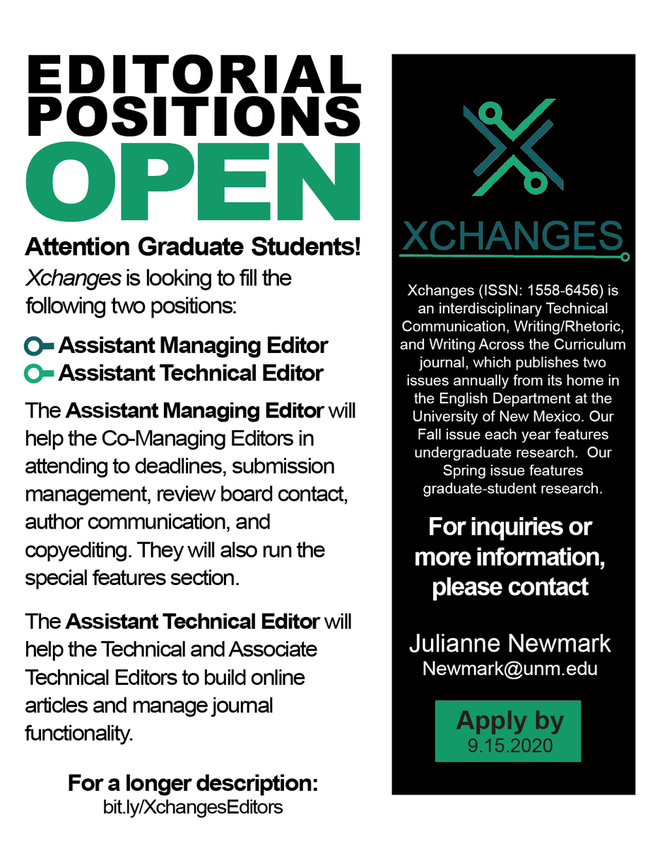 XchangesJournal's tweet photo. Hey graduate students! Interested in gaining editorial experience working with an academic journal? @XchangesJournal is adding to its team. We're now accepting applications for Assistant Managing Editor and Assistant Technical Editor positions! https://t.co/VsFPpA6uRi