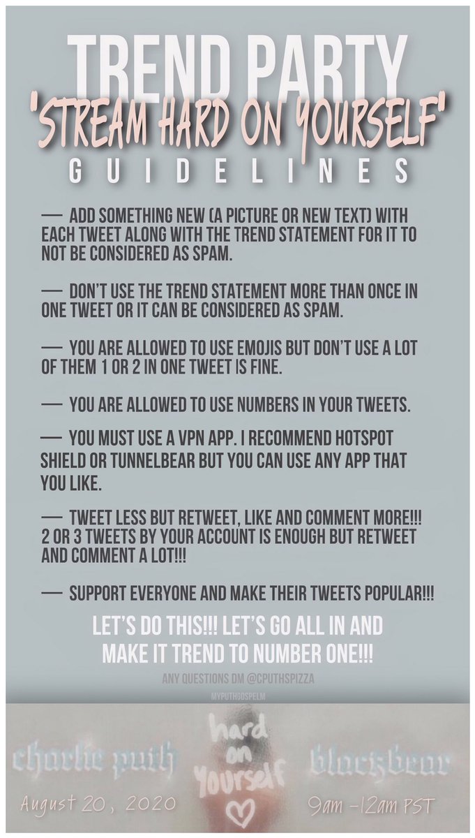 Ready? We have a date with 𝗖𝗛𝗔𝗥𝗟𝗜𝗘 & 𝗕𝗟𝗔𝗖𝗞𝗕𝗘𝗔𝗥. We‘ll trend “𝗦𝗧𝗥𝗘𝗔𝗠 𝗛𝗔𝗥𝗗 𝗢𝗡 𝗬𝗢𝗨𝗥𝗦𝗘𝗟𝗙” on twitter! Below are the details and guidelines for the trend party! Join us!
#charlieputh #blackbear #hardonyourself
