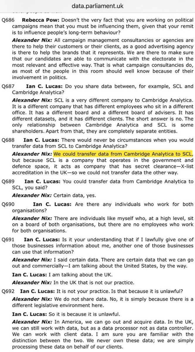 Manafort’s Rick Gates was concerned about CA data flowing to SCL in UK per  #SSCIvol5. Former  @CommonsDCMS MP  @IanCLucas got Alexander Nix to admit that particular possibility was a justified concern.  #TheGreatHack  http://data.parliament.uk/writtenevidence/committeeevidence.svc/evidencedocument/digital-culture-media-and-sport-committee/fake-news/oral/79388.html