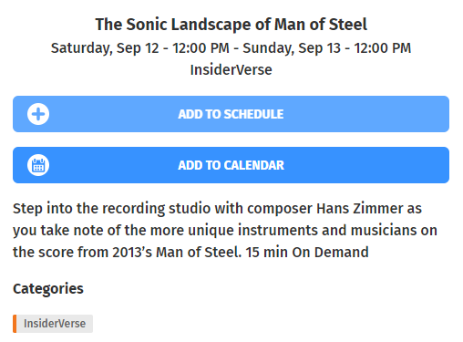Second, there's "The Sonic Landscape of Man of Steel," highlighting  @HansZimmer's iconic Man of Steel score.  #ZackDome https://schedule.dcfandome.com/e/5f343a57ad87080017244aa9
