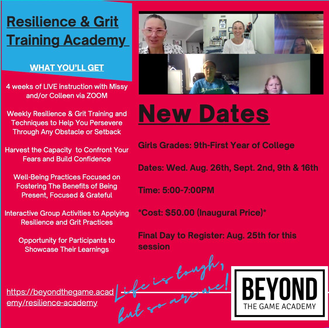 thebtga's tweet photo. NEW WORKSHOP AVAILABLE!
Resilience &amp; Grit Virtual Training Academy!

Registration is open:https://t.co/VRBXp0b0Pi

Girls Grades: 9th-1st Year of College
Dates: WED. Aug. 26th, Sept. 2nd, 9th &amp; 16th
Time: 5:00-7:00PM

Limited Spaces Available. 
Final Day to Register is Aug. 25th. https://t.co/x3czr2gqhu
