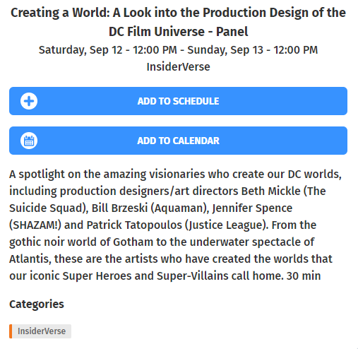 Fourth, there's "Creating a World: A Look into the Production Design of the DC Film Universe," featuring Patrick Tatopoulos.  #ZackDome https://schedule.dcfandome.com/e/5f343a57ad87080017244a7e