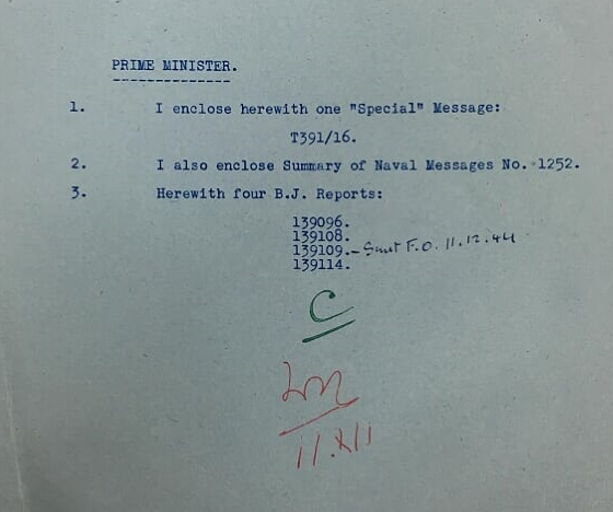In Dec 1944, the PM examined a dossier compiled by the head of SIS, Stewart Menzies. The 7 Dec dossier was typical: an Ultra report, Naval Intel, and four ‘BJs’ or ‘Blue Jackets’, foreign cables intercepted and ‘solved’ by the Government Code & Cipher School (today’s  @GCHQ) /2