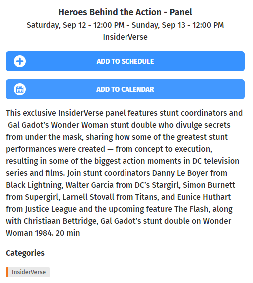 And fifth and finally (so far), there's "Heroes Behind the Action." Featuring Justice League Stunt coordinator,  @eunicehuv  #ZackDome https://schedule.dcfandome.com/e/5f343a57ad87080017244a87