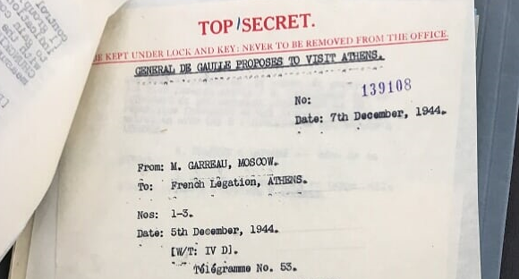 The four BJs were 1A cable from the French Post in Moscow, sent two days prior, (during the negotiations that resulted in the Franco-Soviet Treaty of 10 December 1944.) The sender suggested that de Gaulle was considering visiting Athens on his return from Moscow. /3