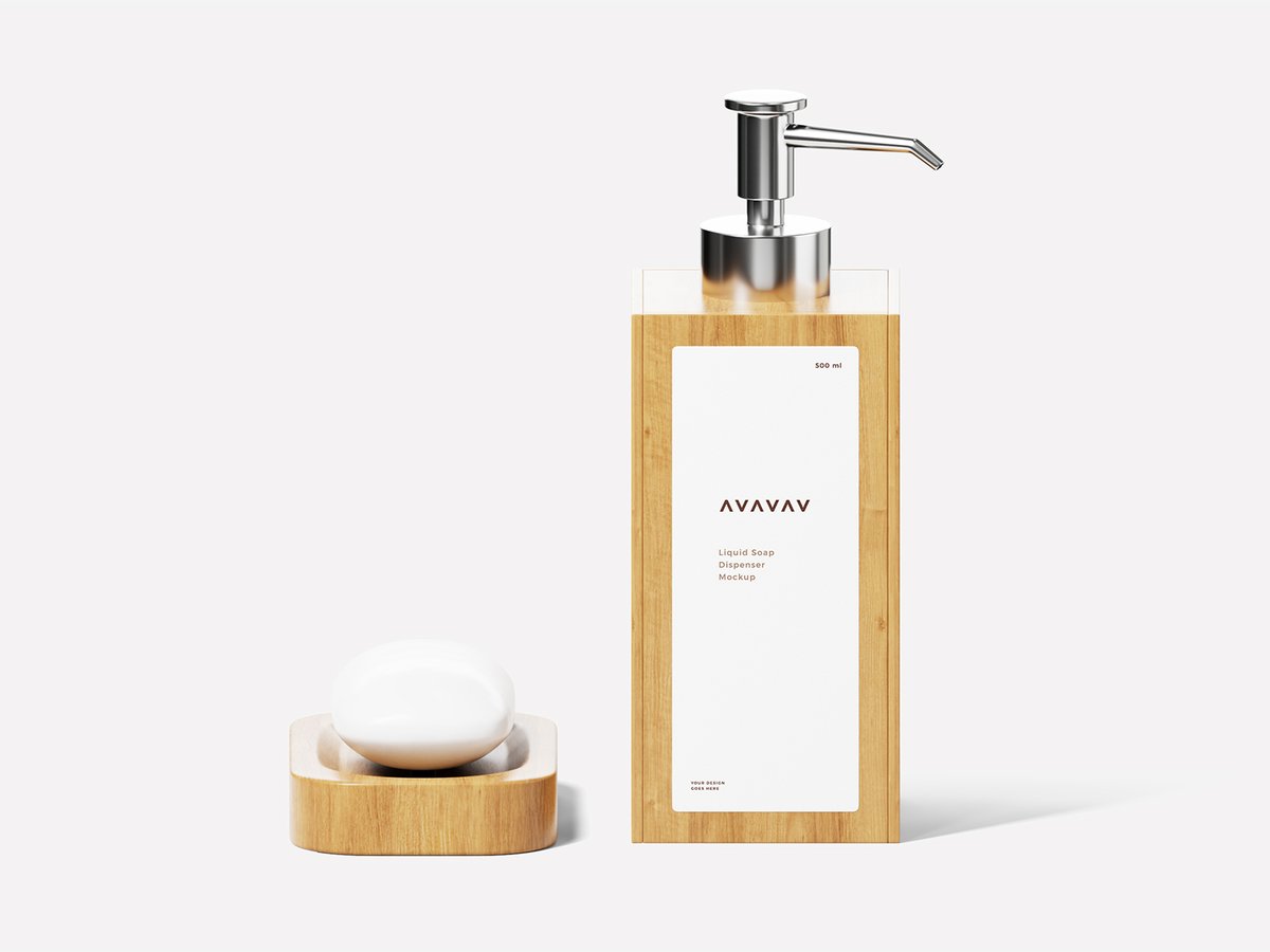 A soap dispenser bottle mockup with a customizable label next to a decorative wooden soap dish.

Download PSD file at: alienvalley.com/mockups/soap-d…

#mockup #mockups #branding #3D #blender #freepsd #freebie #freebies