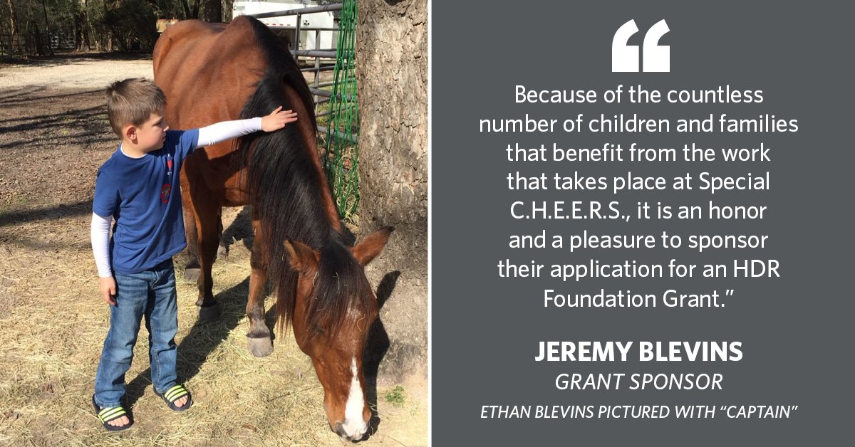 At <a href="/SpecialCheers/">Special CHEERS</a>, children &amp; young adults with physical, developmental and emotional challenges build life skills through animal therapy. Our grant for new adaptive play equipment was sponsored by our <a href="/blevins06/">Jeremy Blevins</a>, whose son Ethan is pictured with his buddy Captain. #lifeatHDR
