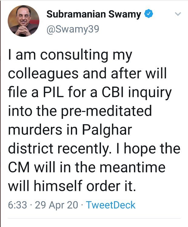 @hindustaniveer2 @KAlphastar08 @AparBharat @JMehta65 Here’s the proof-
Swamy’s tweet of April for CBI inquiry in Palghar.
No Update from Su Swamy or his gang & he doesn’t answer questions about it. 🤔
Why there is no “amplification”?