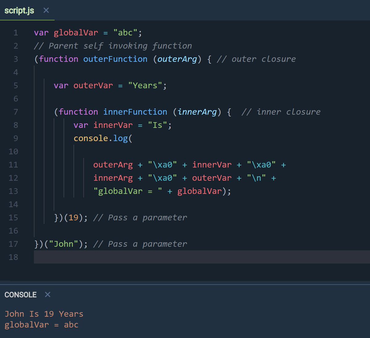 liopun_'s tweet image. Got to love #javascriptClosures !
innerFunction closure ends up with access to all innerFunction variables and globalVar since outerFunction has been defined as closure too.
#100DaysOfCode #CodeNewbie #programming #codinglife #webdev #javascript #CodingTips #hourofcode