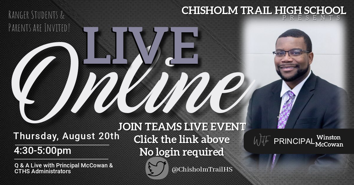 ChisholmTrailHS's tweet photo. Are you Ranger Ready for the 1st Day @ The Trail tomorrow 8/20? Join us afterschool for a LIVE Q&amp;A with Principal McCowan &amp; CTHS Admin Team. The live link is located on CTHS website under News➡️ https://t.co/x1Uyib9WL8 https://t.co/fibJfTjXBx